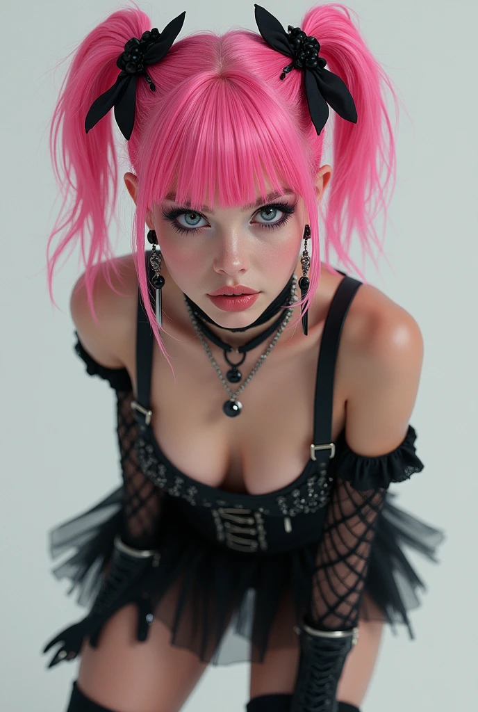 One young woman, 21 years, e-gril, celebridade, role model, descendant of Korea and Ukraine, mix of Asian and European her appearance similar to Billie Eilish, Belle Delphine, hannah money. she has beautiful green eyes, thick eyeliner and big lashes. fleshy lips, Wear braces on your teeth. Your cheeks are beautiful, has freckles, strong makeup and pink blush. She is white, smooth porcelain skin. She has long pink hair, voluminous pink hair, pink hair between the eyes and pink bangs. His young body, slim, lowrise, but has big breasts, thin waist and wide hips. He has a charming way, fly away, beautiful young, charming girl, an internet princess, very focused, but has a problematic personality she is sexy, erotica, of lust, addicted to sex. She was wearing a shiny black leotard, cosplay bunny girl, bunny ears, white collar and cuffs with bow tie, fluffy bunny tail, fishnet stockings and high heels. photoshot, photoshot premiada, woman in a sexy dominant pose, photoshot cinematográfica de tirar o fôlego, photoshot de filme sexy, erotic, elegant seducing pose, very sexy pose, head in front of the camera, frontal image, Look to viewer, Attractive posing, bold poses, posing frontally, she is looking at the front of the camera, sensual woman. Image Settings -Resolution " 16K, ultra HD, high qualiy, realisitic, retina, artistic, precise, anatomically correcte, texturized skin, high détail, awardwinning, cinematic lighting, hdr smooth, sharp focus, Canon EOS R5, 35mm" -Composition "Close-Up " -Background "Indoor studio setting" -PhotographyStyle "lo fashion, editorial, magazine style" -ArtisticEffect "photorrealistic, Masterpiece artwork, high budget Hollywood movie feel, Cinemascope, epic, marvelous, film grain, plein-air, super realistico, super verbose" Other Settings -ModelPose "sitting down, looking directly at the viewer, She's horny, wants a lot of sex, naughty face, excited, shameless