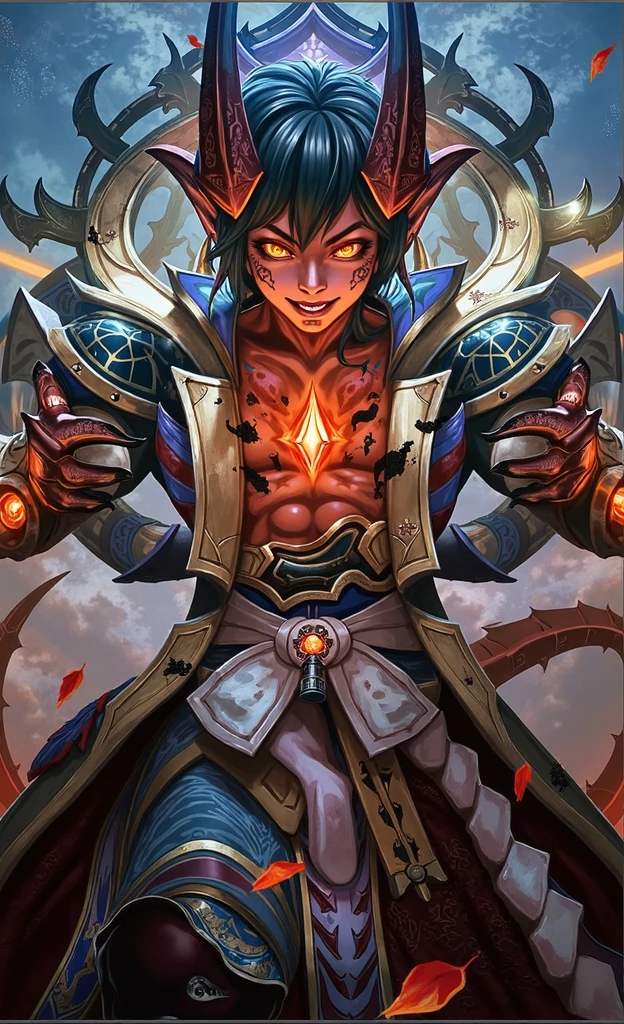 (best quality, ultra detailed, realistic: 1.2), Tiefling, dark blue-skinned male monk, with fiery red eyes and black sclera, short hair, monk's robes covering his chest, 2 horns on his forehead, a red scarf around his head neck and bandages. Hands, illustration, traditional art, detailed wrinkles and textures, vivid colors, sharp focus, soft lighting
