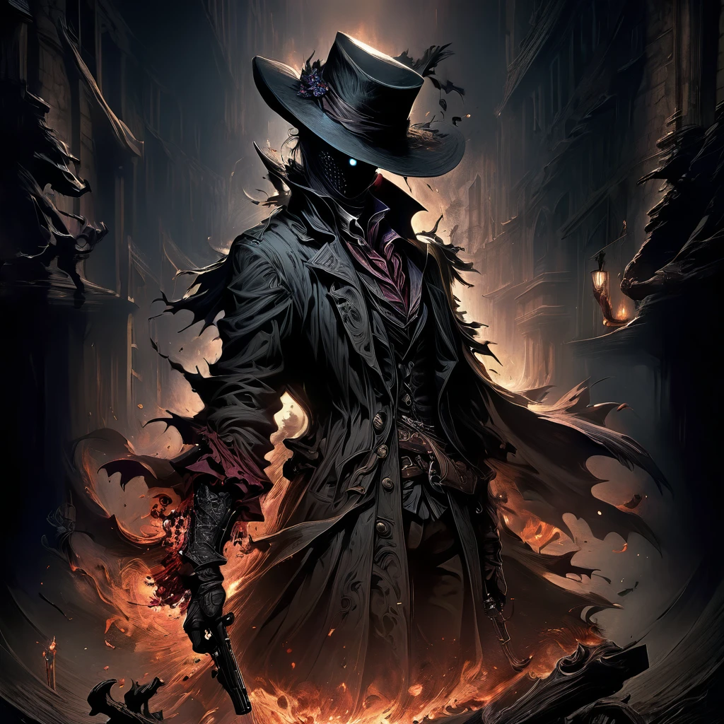 Best quality, Masterpiece, Ultra-high resolution, (photograph realistic:1.4), Surrealism, Dream-like,fusionart, Shadowdancer, shadow magic, darkness control, stealth, shadowstep, umbral spells,wrapped in shadow,have a gun,wrapped in shadow,have two pistols,Bloodborne,hold a gun,