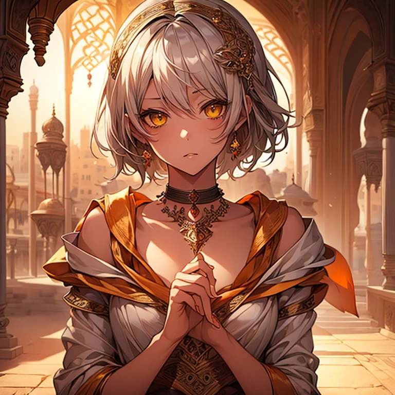 masterpiece, Highest quality, Perfect Face, Highest Resolution, Highest quality,Detailed depiction of the eyes, 1 girl, young, deep tan skin, slate gray hair, short hair, upturned eyes, Yellow Orange eyes, Perfect Anatomy, Arabian, ribbon choker,arabian city
