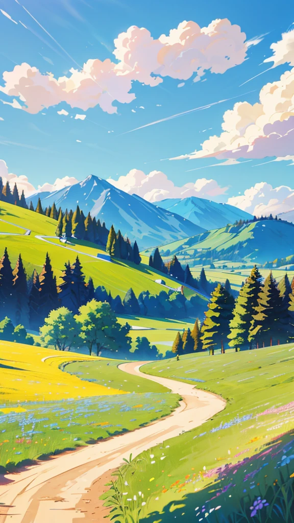 "A winding dirt path leading through an open meadow with a single tree in the distance. The sky is a clear, vibrant blue with a few clouds, and the colors are bright, giving the scene a feeling of serene solitude."