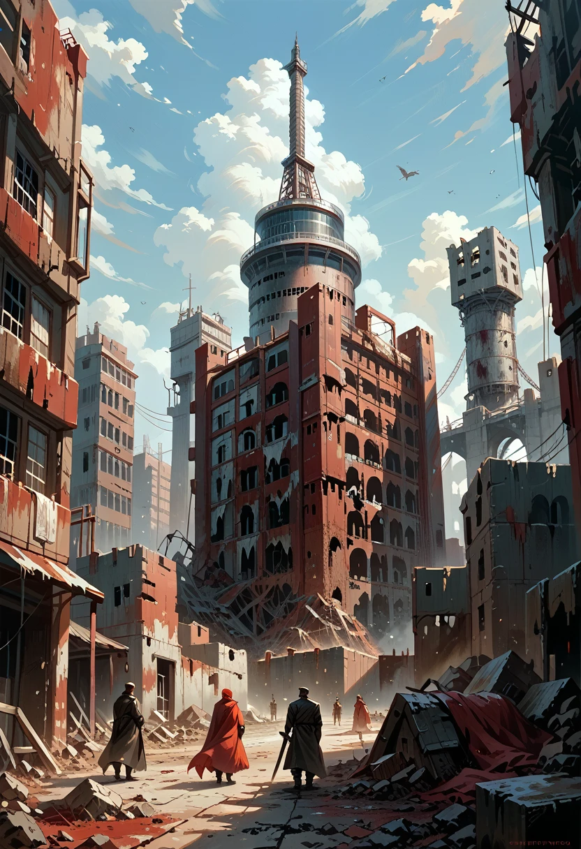 (reddish-black smoke, cloudy, building ruins, many ruined buildings, mechs, machine soldiers, dystopian), very detailed background rendering, dark, stagnant air effects over dull smoke and devastated landscape, (dynamic composition, cinematic lighting, hard light), (shadow:0.6), (sharp :1.0) no humans,