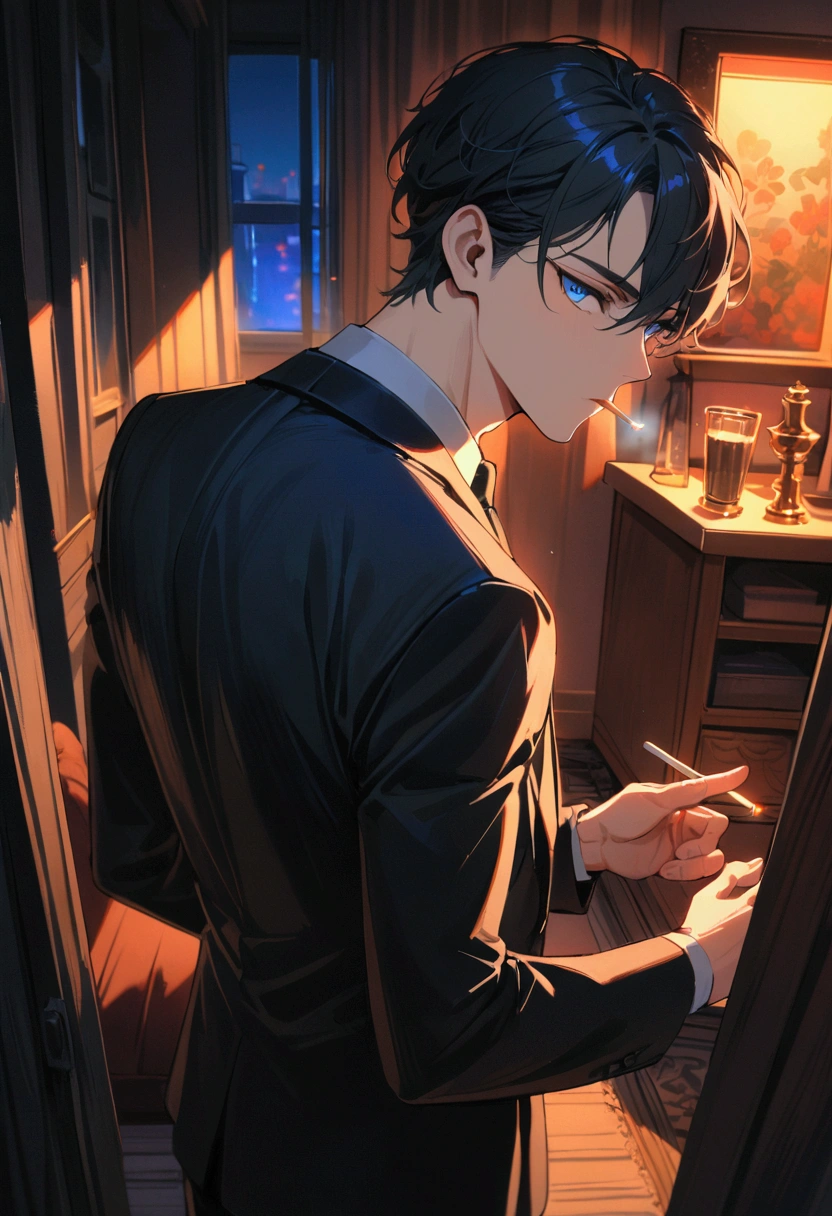 A young man with black hair, blue eyes, a black suit stood with his back turned half-face smoking a cigarette in his room at night.