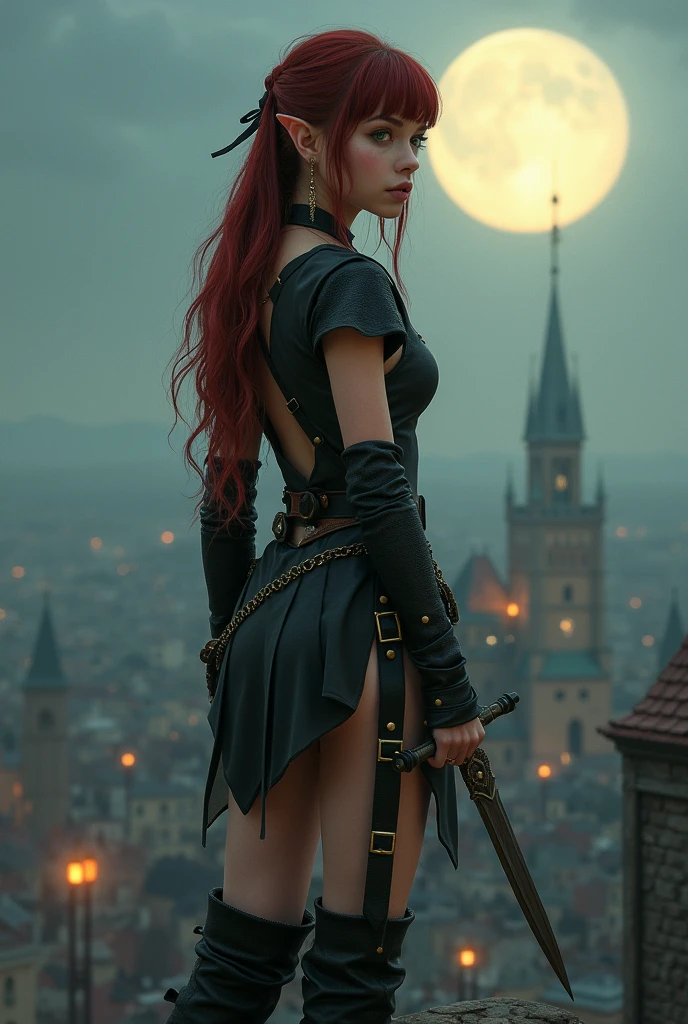 beautiful illustration of A girl，daughter of severus snape, 最high quality、best image quality、masterpiece、girl((11-year-old、 By becoming、vest bust、medium bust,wide open breast tea、shining black eyes, light red hair、long hair、thin,highest valley、ponytail、action of looking up、bandage、black dress、long skirt、Rear view、emphasize the buttocks,surprised face)),high quality、beautiful art、background((Gorgeous castle、red rain falls))、Flight、debris flies、Depth of written boundary、movie、visual art、perfect art、8k,genuine、
