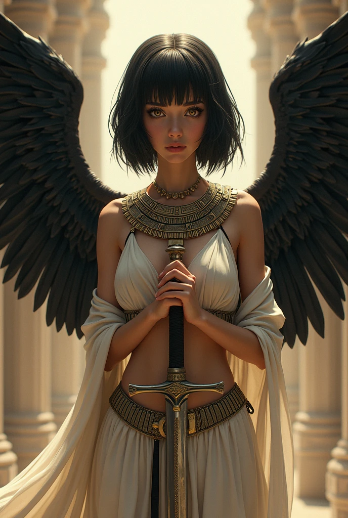 Six-winged angel，Shackles imprisoned，Kizi，Long hair micro-curls，Empty eyes，Holy sword in hand，There is blood on the body，quadratic element，The face looks to the side，The background is the destroyed city