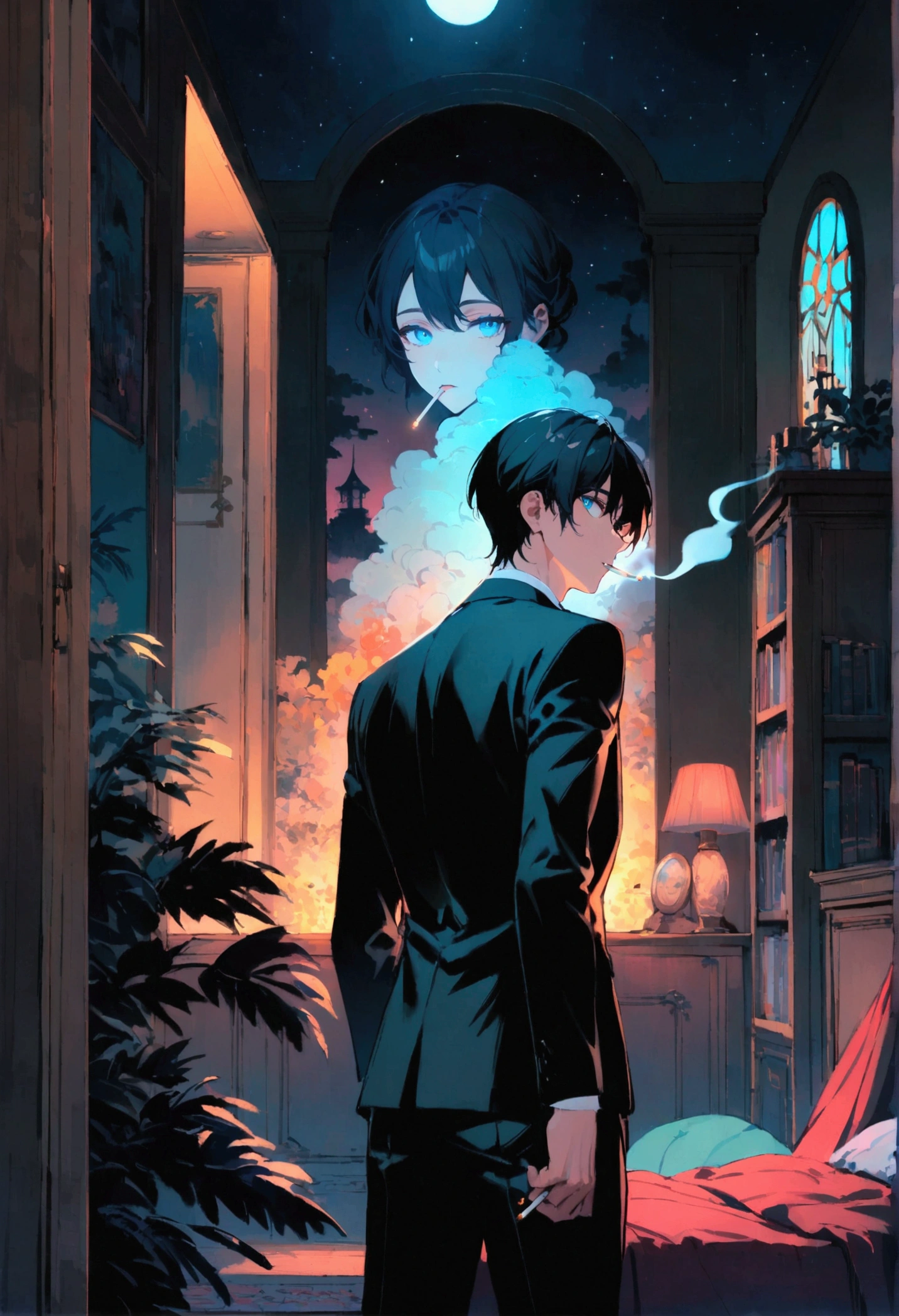 Young man with grayish black hair , a blue suit stood with his back turned half-face smoking a cigarette in his room at night.