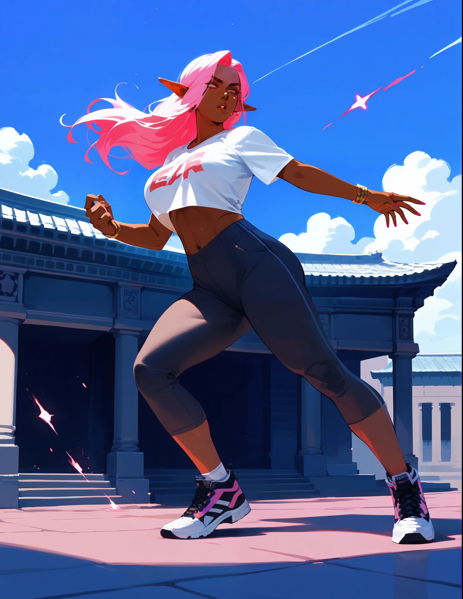 score_9, score_8_up, score_7_up, score_6_up, score_5_up,, (masterpiece, best quality:1.2), highly detailed, illustration, mature woman, elf ears, pink hair, dark tan skin, athletic body, full body, heavy metal band T-shirt, , all-stars shoes, elemental magic around, in a temple room, action paint 