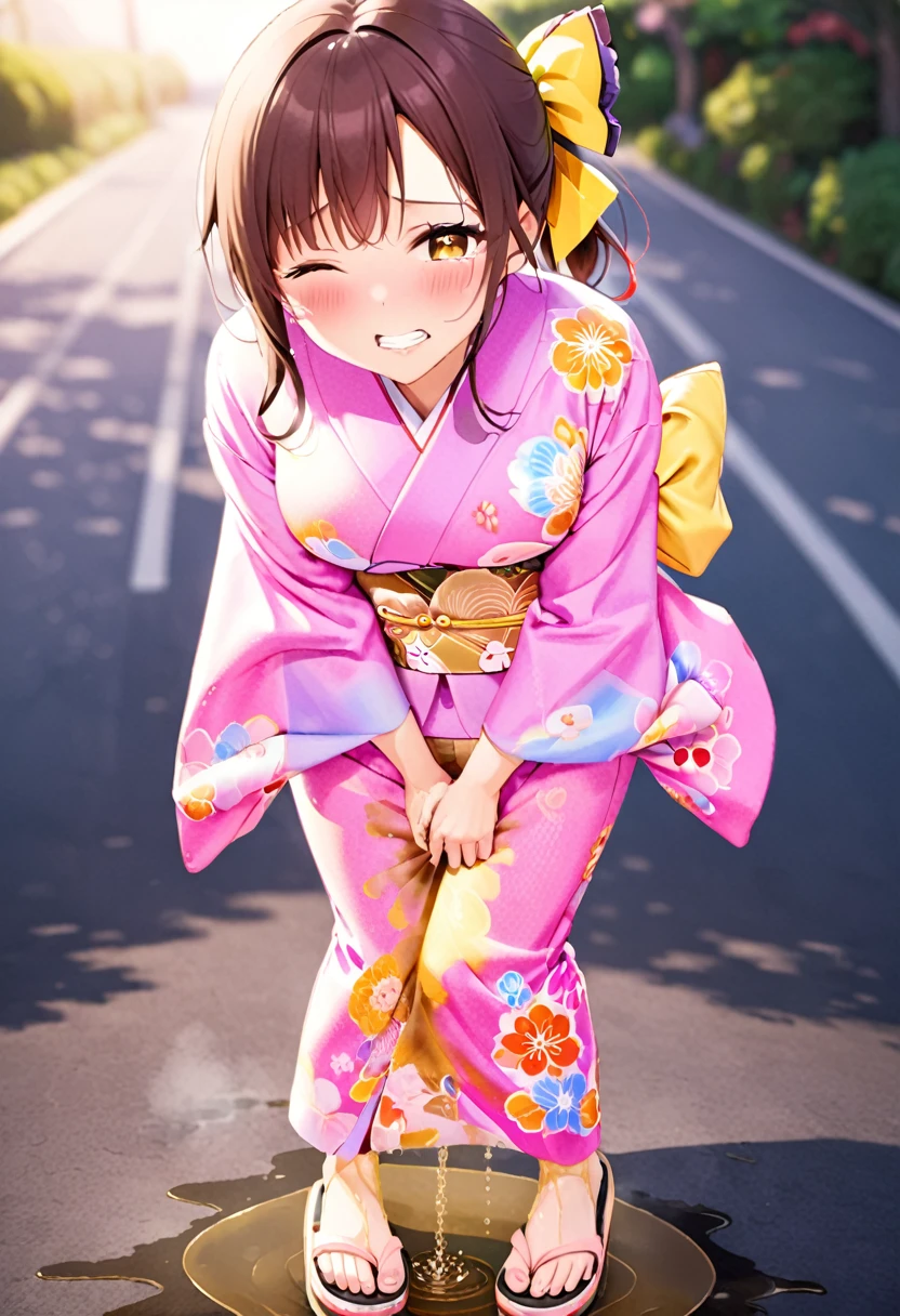 NSFW, (masterpiece, top quality, best quality, highly detailed:1.6), anatomically correct, (full body), wide shot, long shot, (Knee rubbing:3), (leaning forward, Hold the crotch area over the clothes:2.5), (standing:2), (((clutching crotch))), (woman standing in the shrine, outdoor), (Pastel Colors kimono, Maxi Length, Extremely wet with pee:2.5),strong facial expression, (sharp eye:1.2), (scowl:1.1), (embarrassed,blush:1.3), (steam:2.5), (Wet:1.1), (sweat:1.1), (trembling:1.3), (open mouth, wavy mouth:1.7), (clenched teeth:0.3), (Drooling from the mouth:0.7), (half open eyes:2.5), (Close one eye, Winking:3), (tears:3), (feeling weak:1.5), (bravery crying, sobbing:1.5), (shoot from front:1.2), (Red sandals:2), (long hair, Dark Brown hair, low ponytail:1.5), (woman trembling with sexual climax:1.5), colorful, perfect composition, (Touching the crotch:1.7), urination, incontinence, piss, peeing self, A lot of pee, (((pee stream))), (pee puddle), Wetting herself, peeing, blush, trembling, embarrassed, large breasts, Yellow pee, ((leaking pee)), Shaking one's shoulders, Breaking a sweat on forehead, Pee spread on the floor, (Pee stains), Full bladder, ((Pee-soaked kimono)), natural makeup,Pee dripping from kimono,(Kimono with big urine stains),