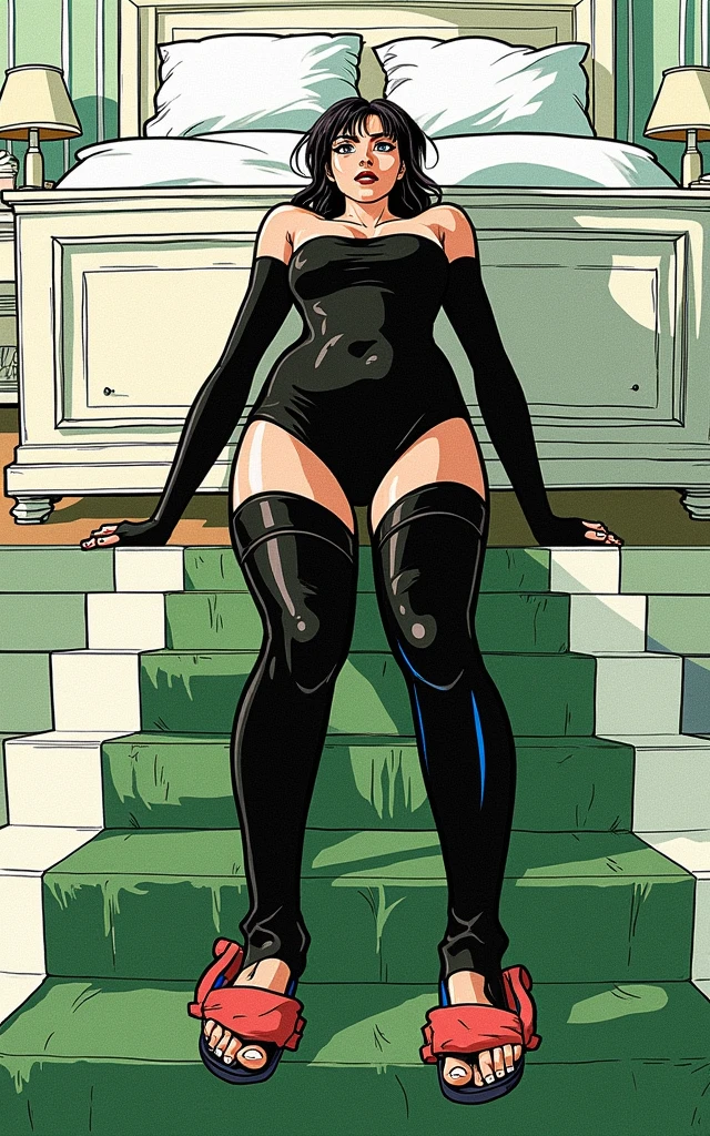 best quality, 1girl, solo, standing, school hall, medium hair, black hair, straight hair, looking at her prosthetic leg, small breasts, (prosthetic leg:1.2), full body, smiling, swimming suit, leotard, dark blue leotard, black blue swimming suit, barefoot.