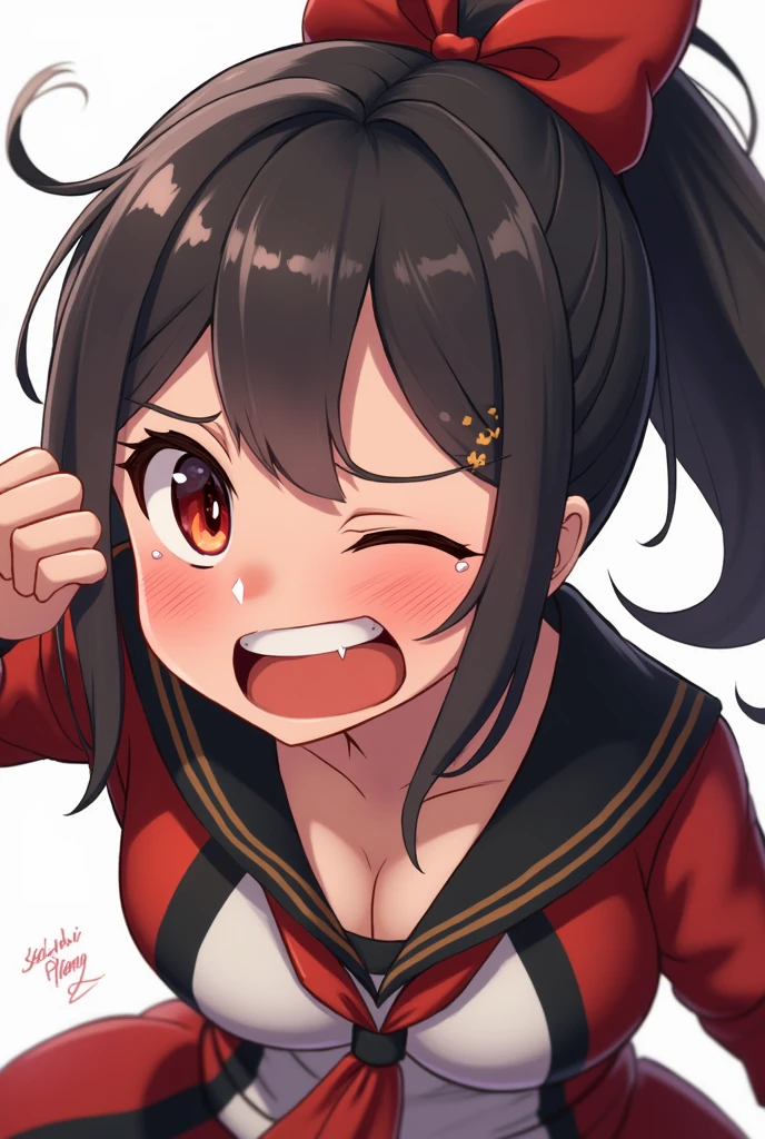 1girl, kitasan black \(umamusume\), tongue out, (narrowed eyes), looking at viewer, fellatio gesture, puff, steam, visible air, best quality, face focus, close-up, cinematic angle, spoken heart, heart, sound effect, nsfw