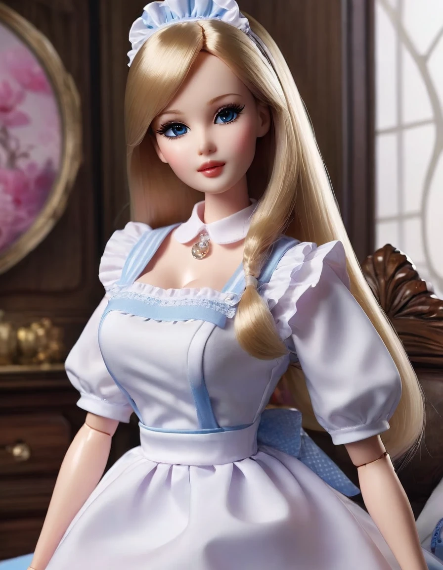 (masterpiece, Best quality: 1.2), 1 Barbie,doll，Colloid， Exquisite eyes, Wide hips, Colloid皮肤，(Wearing Maid dress)，Huge natural breasts，