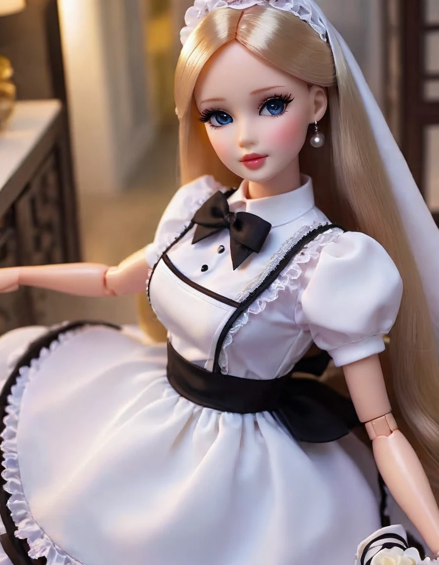 (masterpiece, Best quality: 1.2), 1 Barbie,doll，Colloid， Exquisite eyes, Wide hips, Colloid皮肤，(Wearing Maid dress)，Huge natural breasts，