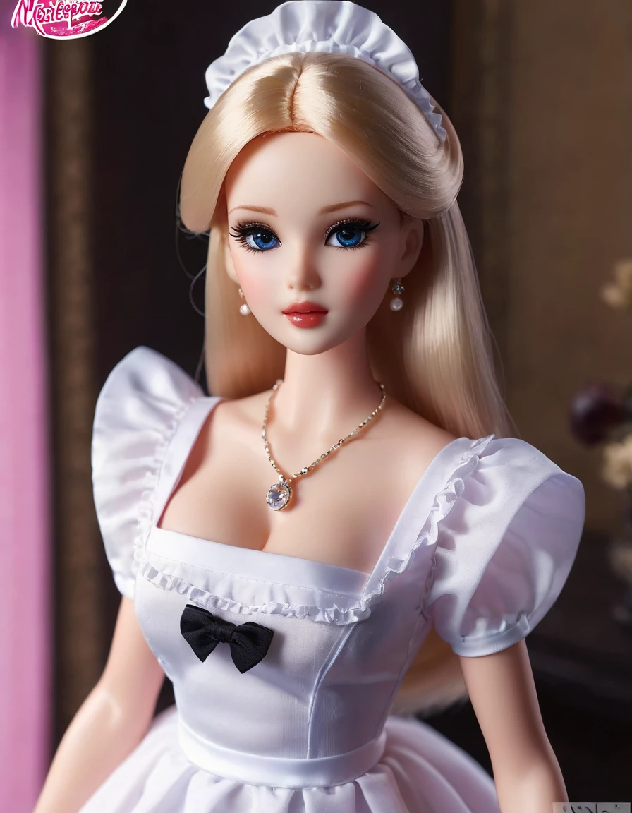 (masterpiece, Best quality: 1.2), 1 Barbie,doll，Colloid， Exquisite eyes, Wide hips, Colloid皮肤，(Wearing Maid dress)，Huge natural breasts，