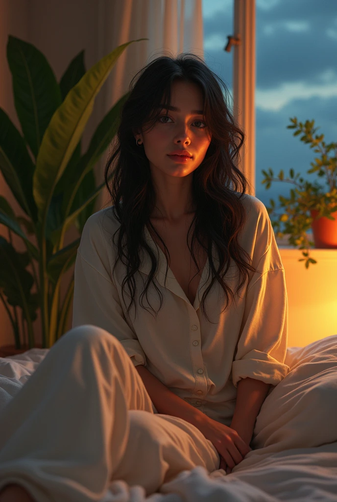 (photorealism:1.2), beautiful woman, sitting on bed, wearing loose off-shoulder top, pajama pants, long curly hair, indoors, soft lighting, space  in background, window with galaxy, relaxed pose, realistic, intricate details, warm colors, by Greg Rutkowski, by Alphonse Mucha