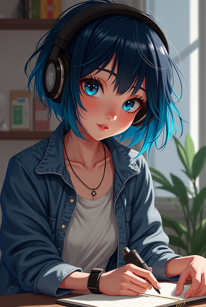 A sixteen year old girl, rather small in her world and athletic and thin, elle a le teint clair les yeux bleu foncé les cheveux noir au carré court avec des mèche bleu électrique elle porte des vêtements originaux et style décontracté et bohème et elle a un casque sur les oreilles et un carnet de dessin