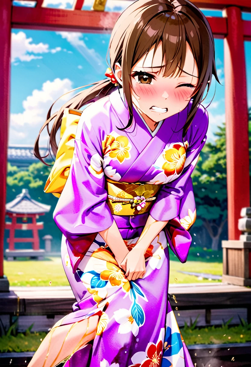 NSFW, (masterpiece, top quality, best quality, highly detailed:1.6), (anatomically correct), (standing:2.9), (leaning forward:2.5), (woman, outdoor, Shrine:2.5), (Pastel Colors kimono, Maxi Length, Extremely wet with pee:2.5), (full body), wide shot, long shot, (Peeing while standing:2), (hands between legs:1.5), (Touching crotch with hand, holding crotch, Hold the urethra and hold in your pee:2.5), (rub your knees together:2.2), (close knees,pee running down kimono:2), (((clutching crotch))), strong facial expression, (sharp eye:1.2), (scowl:1.1), (embarrassed:2.9),(blush:2.9),(Breathe heavily:2.9), (steam:2.9), (wet:1.1), (sweat:1.1), (trembling:1.3), (open mouth, wavy mouth:1.5),(clenched teeth:2.3), (Drooling:0.7), (open eyes:2), (one eye closed, wink:2), (feeling weak:1.5), (bravery crying, sobbing:1.5), (shoot from front:1.2), (very long hair, Extra long hair, Dark brown hair, Low ponytail:1.9), (woman trembling with sexual climax:2.5), colorful, full body, wide shot, perfect composition, urination, incontinence, piss, peeing, (((pee stream))), (pee puddle), Wetting herself, (Pee stains spread on the kimono), From the kimono dripping pee, large breasts, Yellow pee, ((leaking pee)), puddle of pee, Pee spread on the floor, Pee stains, kimono Wet from pee, want to pee, about to pee, Full bladder, natural makeup, ((Pee-soaked kimono)), natural makeup,Pee dripping from kimono,((kimono with big urine stains)),(Widespread urine stains,kimono covered in urine),
