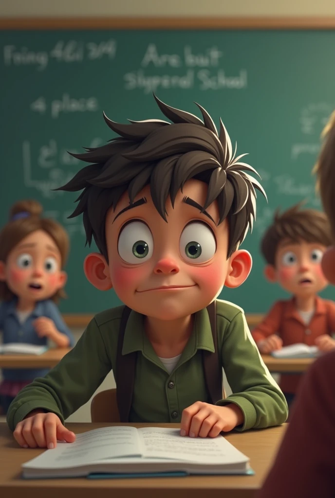 Boy at Desk Realizing Wet Pants: "A 9-year-old boy sitting at a school desk, looking down in shock and fear as he realizes his pants are wet. The classroom around him is filled with students who are oblivious to his situation. The boy’s expression shows panic and embarrassment, with his hands hovering over his lap."