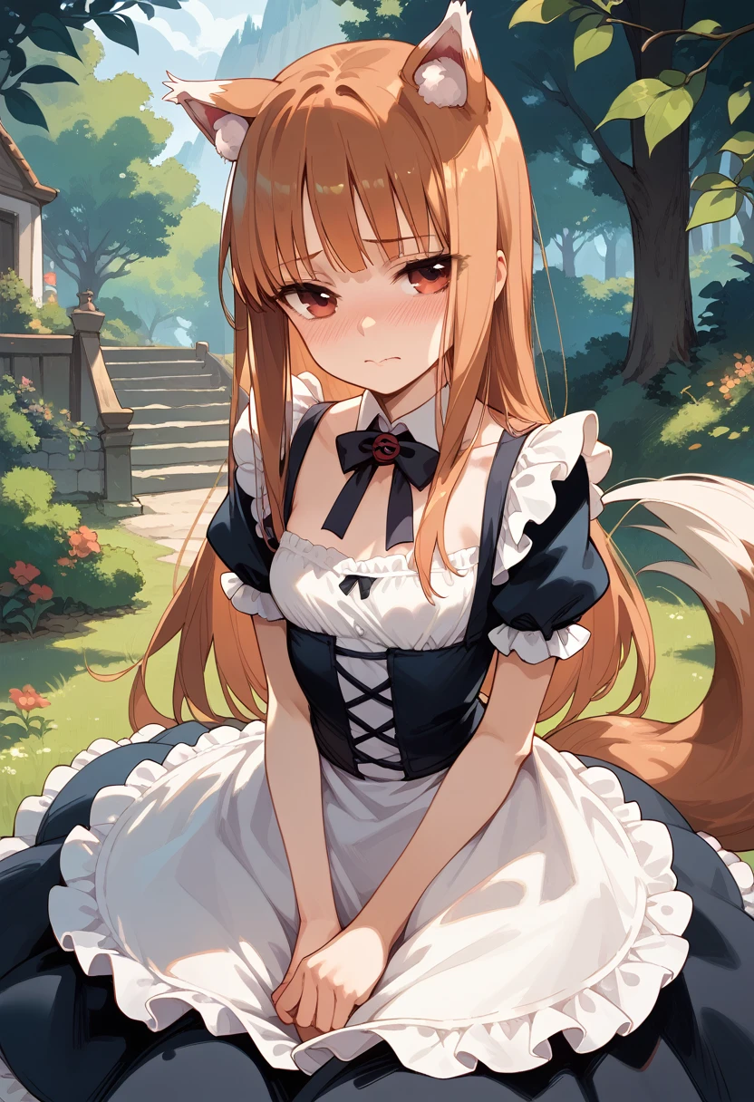 masterpiece,High resolution,Best Quality,8k
(Holo,Spice and Wolf,Skinny,Small breasts)Maid uniform,Embarrassed