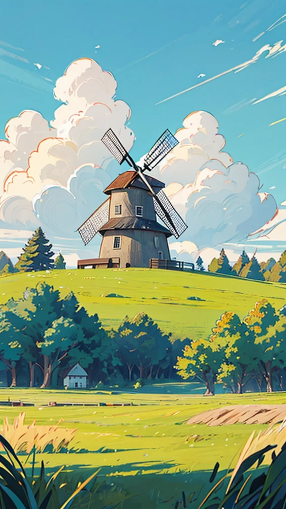 "An old windmill standing in the middle of a wide, grassy field, with only a few scattered trees around. The sky is bright blue with gentle clouds, and the vivid colors bring life to the quiet, rural setting."