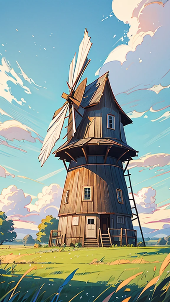 "An old windmill standing in the middle of a wide, grassy field, with only a few scattered trees around. The sky is bright blue with gentle clouds, and the vivid colors bring life to the quiet, rural setting."