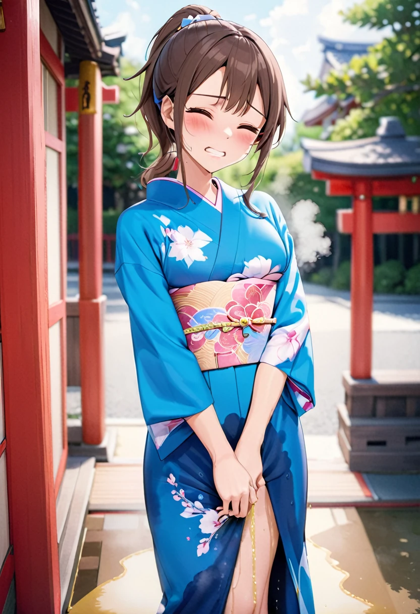 NSFW, (masterpiece, top quality, best quality, highly detailed:1.6), (anatomically correct), (standing:2.9), (leaning forward:2.5), (woman, outdoor, Shrine:2.5), (Lite blue Colors kimono, Maxi Length, Extremely wet with pee:2.5), (full body), wide shot, long shot, (Peeing while standing:2), (hands between legs:1.5), (Touching crotch with hand, holding crotch, Hold the urethra and hold in your pee:2.5), (rub your knees together:2.2), (close knees,pee running down kimono:2), (((clutching crotch))), strong facial expression, (sharp eye:1.2), (scowl:1.1), (embarrassed:2.9),(blush:2.9),(Breathe heavily:2.9), (steam:2.9), (wet:1.1), (sweat:1.1), (trembling:1.3), (open mouth, wavy mouth:1.5),(clenched teeth:2.3), (Drooling:0.7), (open eyes:2), (one eye closed, wink:2), (feeling weak:1.5), (bravery crying, sobbing:1.5), (shoot from front:1.2), (very long hair, Extra long hair, Dark brown hair, Low ponytail:1.9), (woman trembling with sexual climax:2.5), colorful, full body, wide shot, perfect composition, urination, incontinence, piss, peeing, (((pee stream))), (pee puddle), Wetting herself, (Pee stains spread on the kimono), From the kimono dripping pee, large breasts, Yellow pee, ((leaking pee)), puddle of pee, Pee spread on the floor, Pee stains, kimono Wet from pee, want to pee, about to pee, Full bladder, natural makeup, ((Pee-soaked kimono)), natural makeup,Pee dripping from kimono,((kimono with big urine stains)),(Widespread urine stains,kimono covered in urine),
