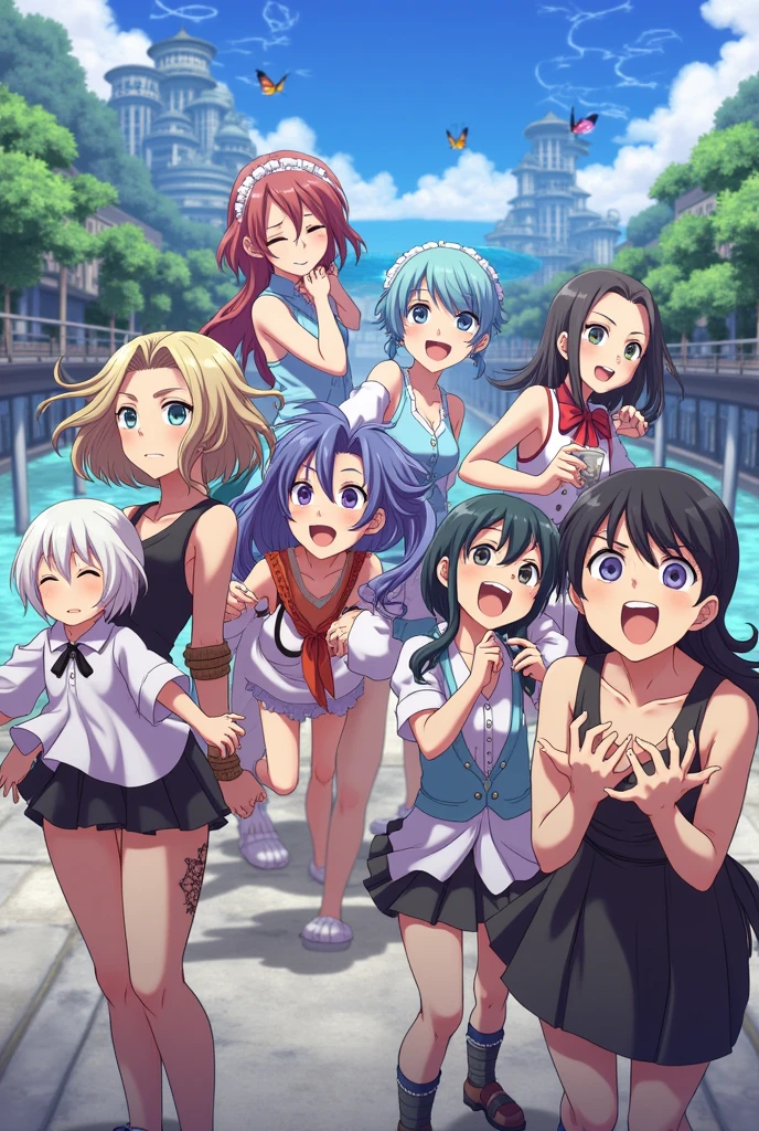((croud of　Nudists lady two-tone hair　surrounded by smiling boys))、naked , Amazing Angle、group　Selphy、happy、Play with lover、knees