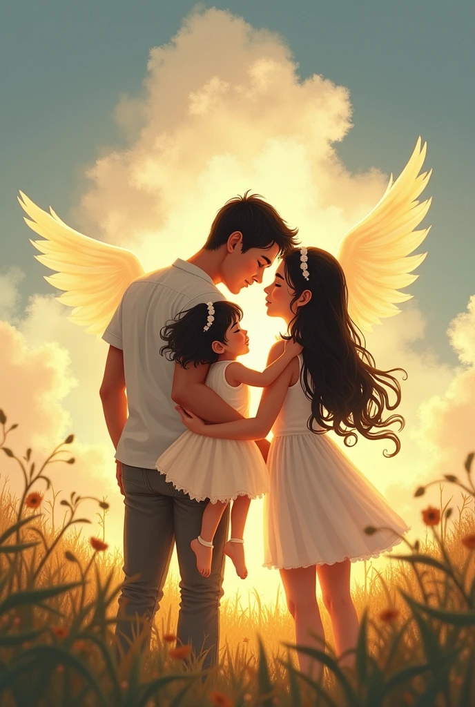 Two baby boys with wings, saying goodbye and going into the clouds, in front a woman looking back with long hair that hits her butt and dark brown and a man by her side with his hands on the woman's back, The woman is pregnant.