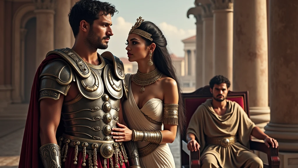A handsome man dressed as a gladiator, approximately 40 years old, dark brown hair, greeneyes, holding a sword next to a woman, with long black hair, fair skin sitting on an ancient babylonian emperor throne 
