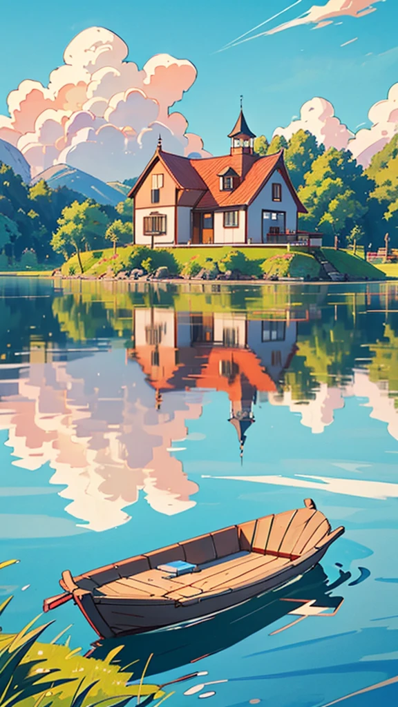 "A tranquil lakeside cottage, with a clear blue sky and soft clouds reflecting in the calm water. The vibrant, warm colors create a peaceful and inviting atmosphere, perfect for a serene escape."