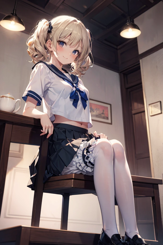 Highest quality,Highest quality,One girl,One boy,((((************)))),Flat Chest,orgasm,blush, Sweat, Sakurai Momoka,Blonde,White Sarah Outfit,Navy Blue Skirt, Not a pleated skirt,whole body,classroom, Grey pantyhose、Flipping up a navy blue skirt、Spread your legs