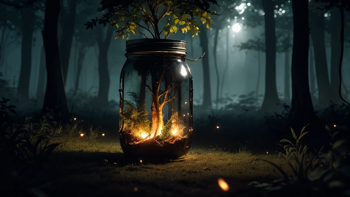 a dimly lit enchanting forest at night, mason jar glowing with ethereal fireflies, mesmerizing otherworldly atmosphere, highly detailed, 8k, dramatic lighting, fantasy, magical, mystical, bokeh, lush foliage, dramatic shadows, cinematic composition, warm color tones