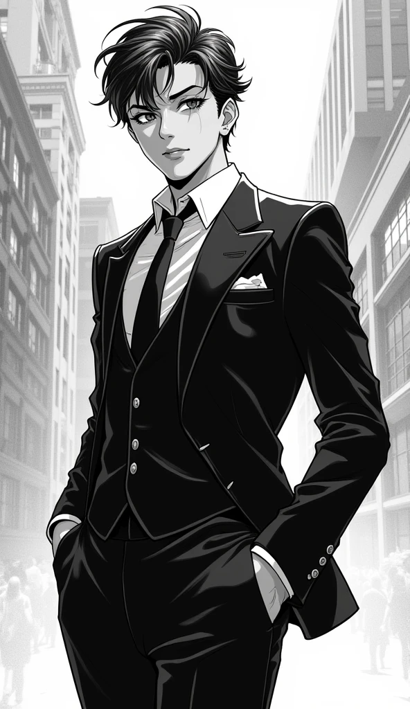masterpiece, best quality, 1 male, adult, handsome, tall muscular guy, broad shoulders, finely detailed eyes and detailed face, extremely detailed CG unity 8k wallpaper, intricate details, very short hair, best ratio four finger and one thumb, neat suit and coat, modern urban scenery, street, skyscraper, afternoon, best light and shadow, smile, pomade, depth of field