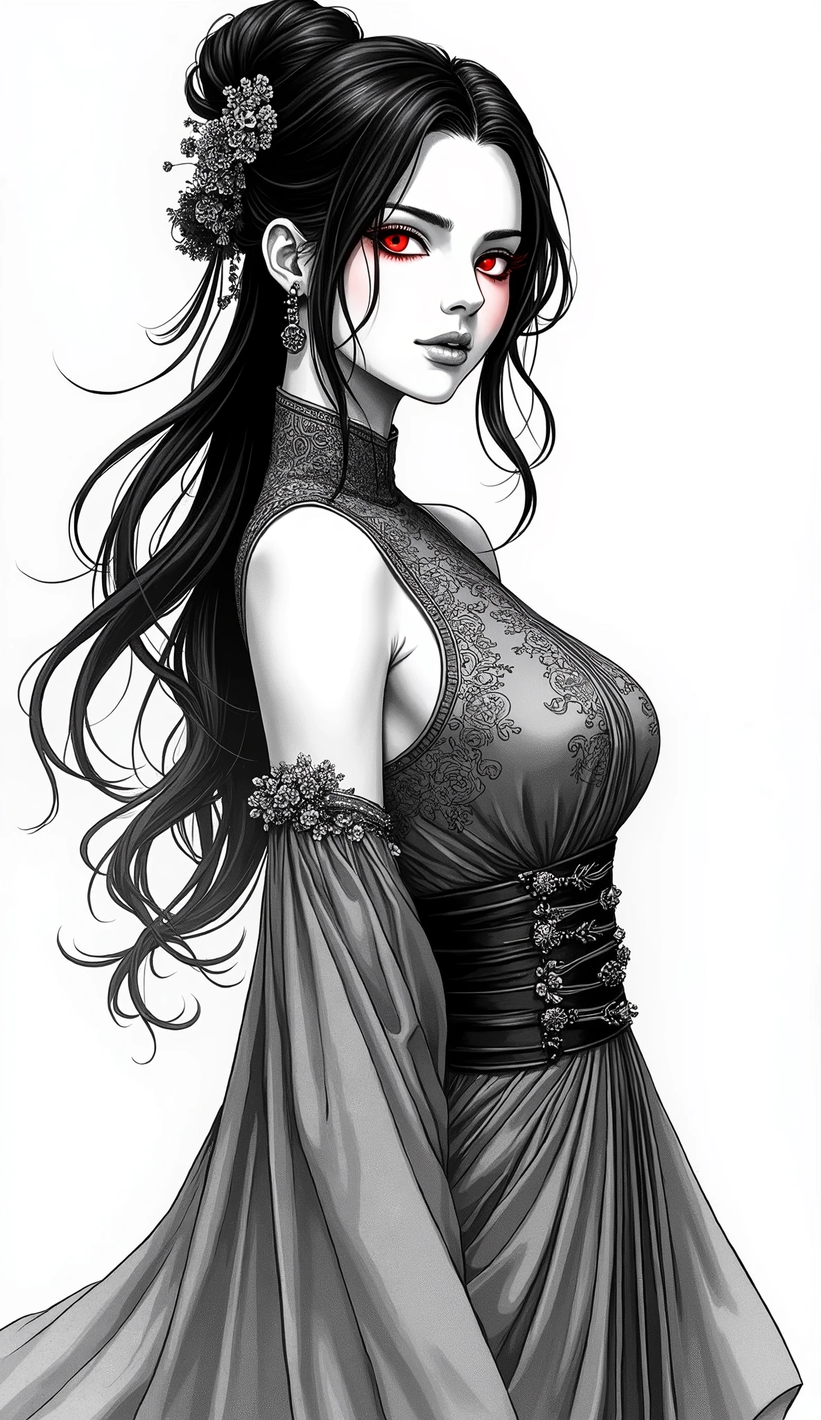 watercolor, Ink Painting, ink, Monochrome, One Girl, India, so beautiful, Well-proportioned face, 汚れたink, Low - Angle, whole body, dance, Powerful,Surrounded by flowers