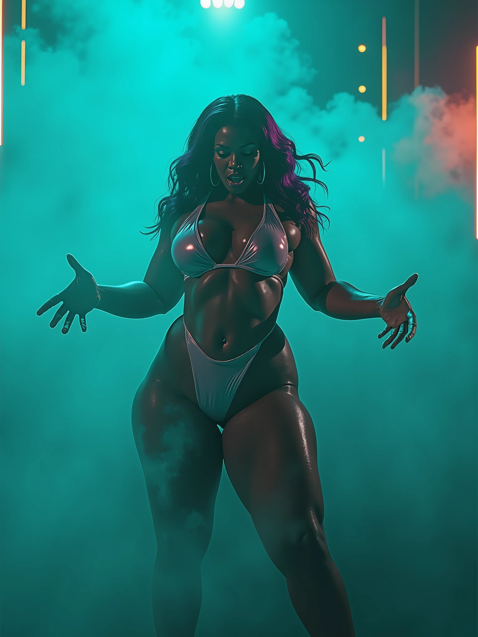 An exuberant 3D representation of a black woman reflecting, dressed in modern clothing, (((the woman is slender and feminine))), (((piercing gaze))) radiant with joy, her expressive eyes shining with joy as she laughs with her mouth open. black background with a large puddle of multicolored paint, the character has charming features that captivate viewers with their ethereal beauty, the background has colorful splash effects, (((puddle of multicolored paint on a black background surrounding the character) )), (((thick blobs of anime paint colors))), Digital painting brings this stunning scene to life in anime style, complete with vibrant, exaggerated details. The black background shines with a puddle of paint behind the 3D character. Created with Unreal Engine, Octane Engine and Vray, with a Pixar-inspired style.