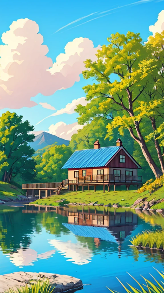 "A tranquil lakeside cottage, with a clear blue sky and soft clouds reflecting in the calm water. The vibrant, warm colors create a peaceful and inviting atmosphere, perfect for a serene escape."