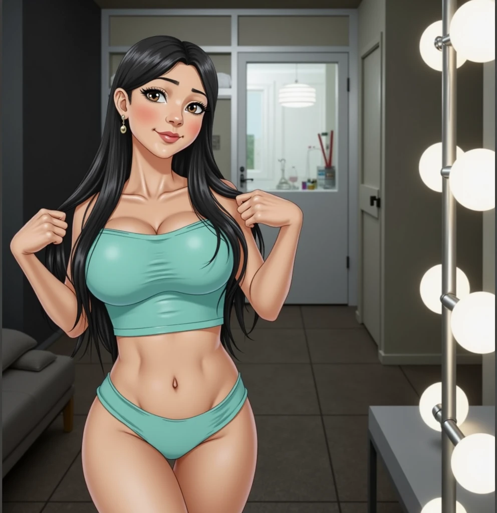 Young, small, teen, latina flat breast, barefoot,  topless, looking at viewer , happy, taking mirror selfie
