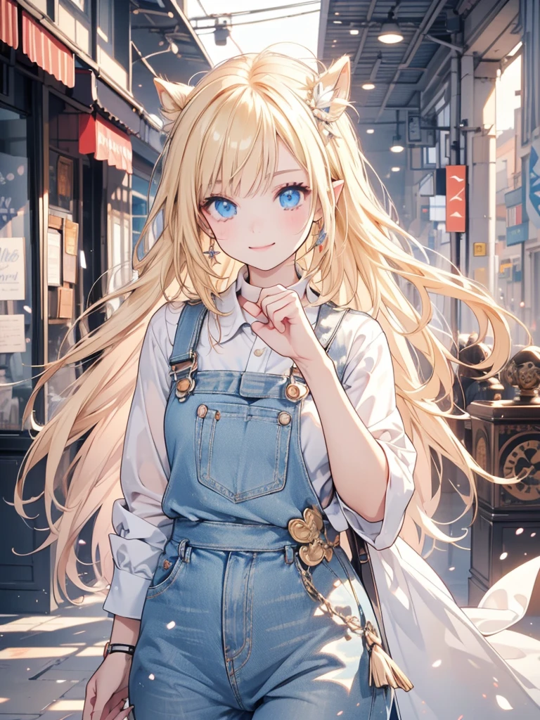 
(masterpiece, ultra quality, official art, beautiful and aesthetic:1.2), (1lady), solo, (anatomically correct), absurdres, well-defined facial features, graceful and symmetrical features, ultra detailed, radiant and healthy glow, fine details and realistic textures, (expressive and captivating eyes), long pointy ears, blonde hair, blue eyes, overalls, (happy smile), (fist up:1.3), (cowboy shot), by famous painter,