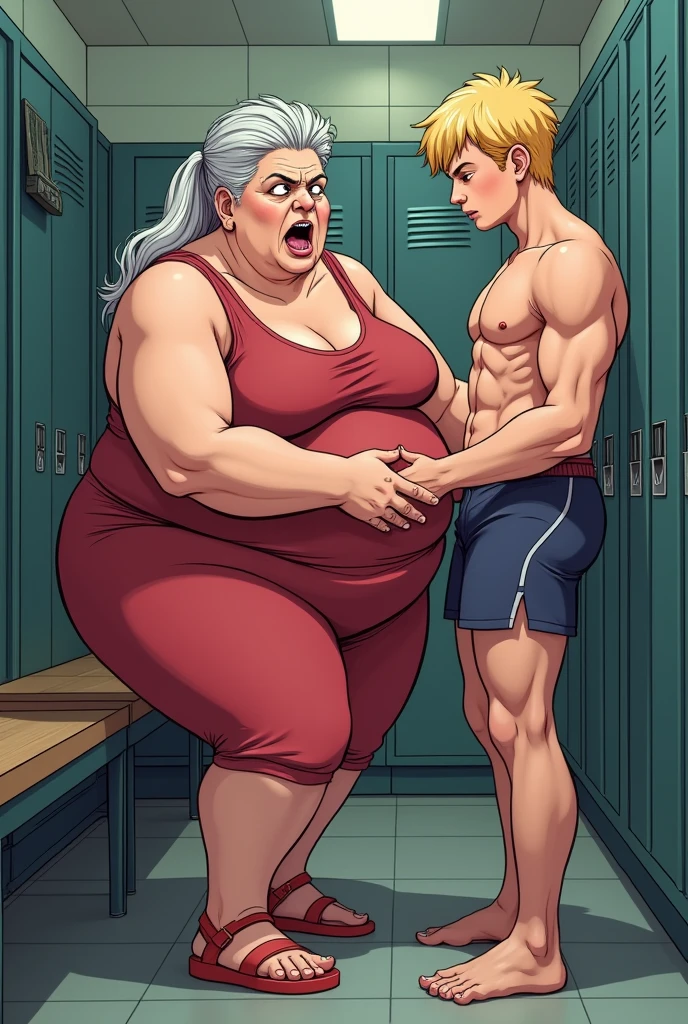 One old man teacher and one young student girl, age gap, age difference, giant tall size, old man 70, long beard white, tie, face smile, hairy body, naked, big long penis erect, cumming, he carries his girlfriend strongly with both hands, ass fuck positions, sexy young girl 18, size tiny and slim, hairstyle pink, little pregnant, face embarrassing blushed, uniform, in comfort sitting position for sex, one old man, one young girl, naked, nsfw, on classroom.