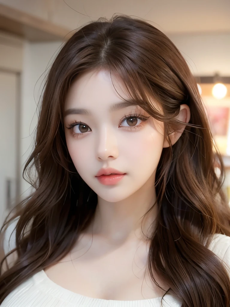 Kim Jennie with brown hair, with curls, with caramel-colored eyes, caramel eyes, Beautiful and big eyes, Beautiful and long eyelashes, with a raised and pretty nose, button nose, with cupid'heart shaped lips, pink lips, thick lips, pretty skin, pale white skin, with freckles and moles all over the body, with natural makeup, with blush on her cheeks, with thin eyebrows, While wearing a long sleeved shirt, red in color, shirt fitted to your body, While wearing baggy jeans, with a noticeable abdomen, bare abdomen, thin abdomen, (big breasts, soft breasts, natural breasts, nice breasts), While eating ice cream, Eating ice cream at an ice cream parlor, While looking at the camera, autophoto, while posing sexy, showing her body,