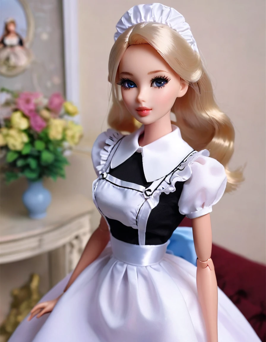 (masterpiece, Best quality: 1.2), 1 Barbie,doll，Colloid， Exquisite eyes, Wide hips, Colloid皮肤，(Wearing Maid dress)，Huge natural breasts，