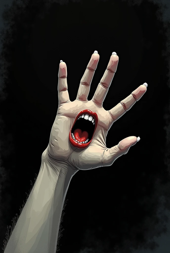 giant flying blue eye, covered with a layer of pale gray smooth skin. из него торчат человеческие Hands с острыми чёрными когтями. у этого око есть mouth с зубами. normal skin color. gas, Hands, mouth, teeth, fingers. Many hands. jaws of the mouth above and below the eye, the eye is located inside the mouth with teeth and gums. Realistic comic style with detailed anime art, dark gloomy graphics.