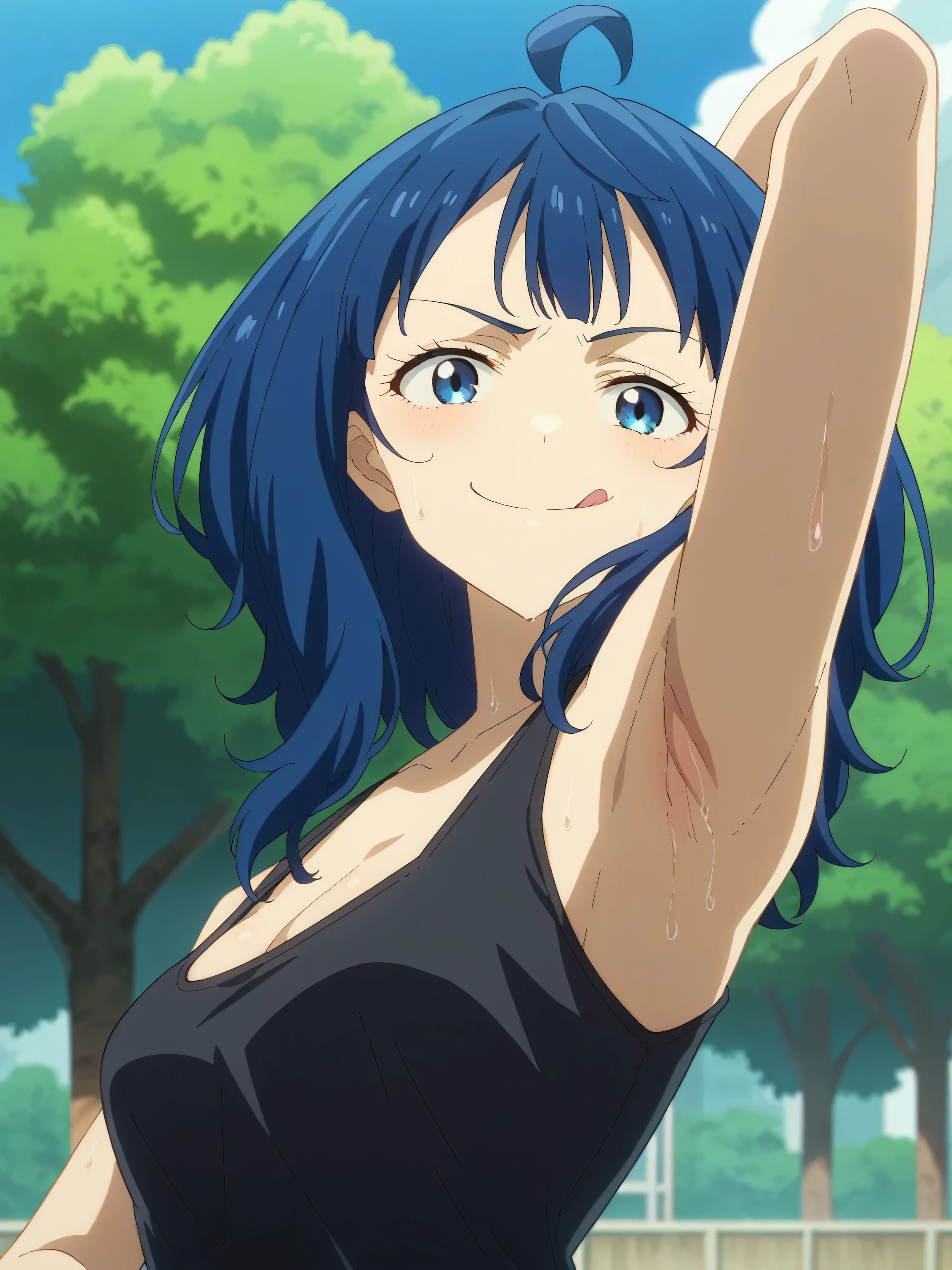 score_9, score_8_up, score_7_up, source_anime, anime screencap, outdoors, day, park, 1girl, solo, anna yanami, medium hair, blue eyes, ahoge, blue hair, cleavage, collarbone, tank top, black tank top, sleeveless, bare shoulders, bare arms, looking at viewer, smile, smug, closed mouth, tongue, sticking out tongue, licking lips, arm behind head, armpit, (from side, from below:1.1), sweaty 