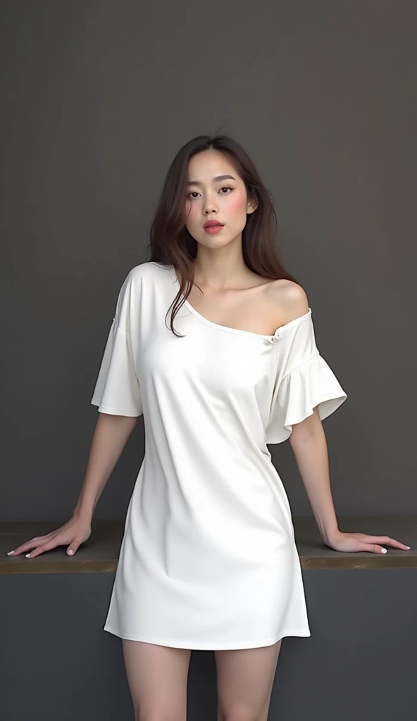 Korean sexy woman in white dress standing in front of a painting, girl in white dress, dancing in white dress, white dress, white silk, in art gallery], wearing white flowing dress, wearing cute white dress, Nico in white dress, soft silk dress, wearing white long dress, in the gallery, big eyes, watery big eyes