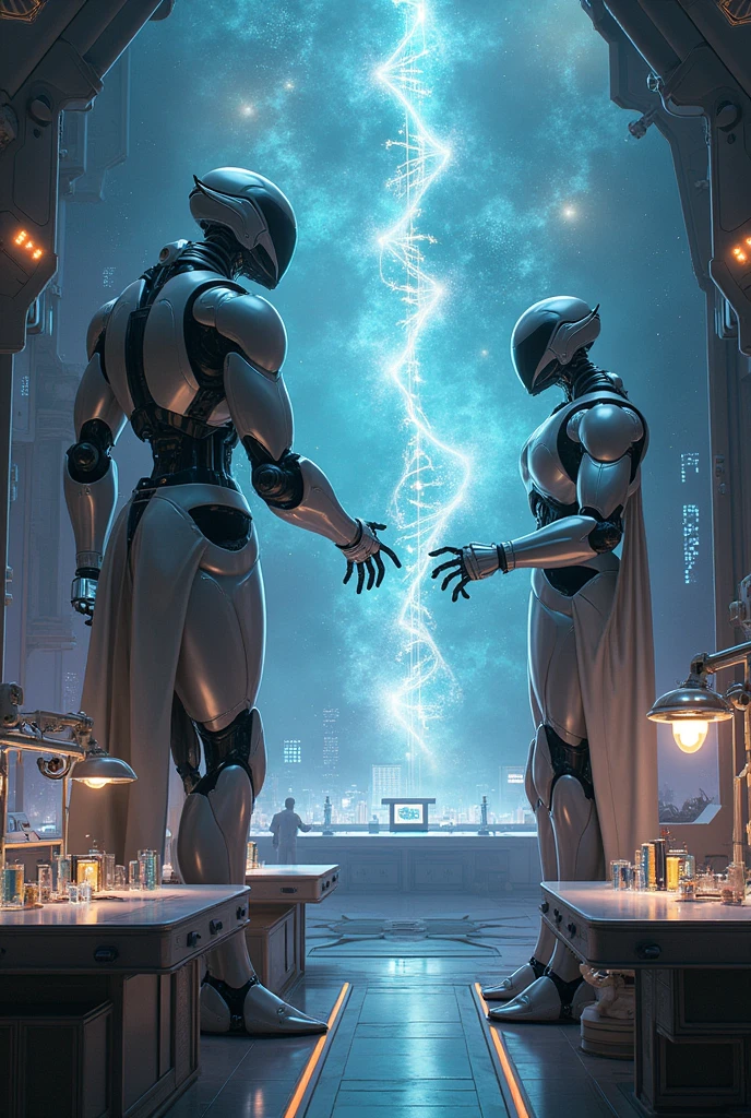 Venom and Frieza from Dragon Ball、genetic research institute。There is a large glass cylinder used for scientific experiments。They are each contained in a cylinder。