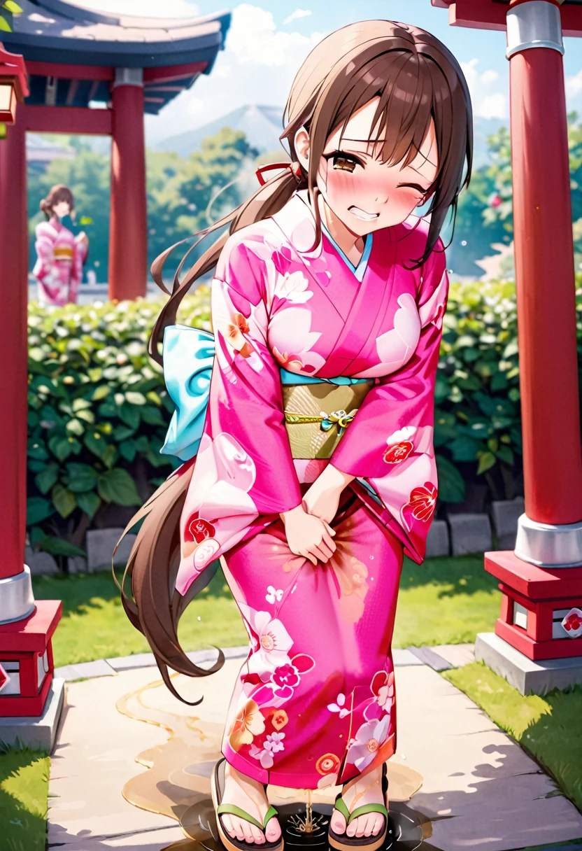 NSFW, (masterpiece, top quality, best quality, highly detailed:1.6), (anatomically correct), (standing:2.9), (leaning forward:2.5), (woman, outdoor, Shrine:2.5), (Lite pink Colors kimono, Maxi Length, Extremely wet with pee:2.5), (full body), wide shot, long shot, (Peeing while standing:2), (hands between legs:1.5), (Touching crotch with hand, holding crotch, Hold the urethra and hold in your pee:2.5), (rub your knees together:2.2), (close knees,pee running down kimono:2), (((clutching crotch))), strong facial expression, (sharp eye:1.2), (scowl:1.1), (embarrassed:2.9),(blush:2.9),(Breathe heavily:2.9), (steam:2.9), (wet:1.1), (sweat:1.1), (trembling:1.3), (open mouth, wavy mouth:1.5),(clenched teeth:2.3), (Drooling:0.7), (open eyes:2.5), (one eye closed, wink:2.8), (feeling weak:1.5), (bravery crying, sobbing:1.5), (shoot from front:1.2), (very long hair, Extra long hair, Dark brown hair, Low ponytail:1.9),(Sandals:1.7), (woman trembling with sexual climax:2.5), colorful, full body, wide shot, perfect composition, urination, incontinence, piss, peeing, (((pee stream))), (pee puddle), Wetting herself, (Pee stains spread on the kimono), From the kimono dripping pee, large breasts, Yellow pee, ((leaking pee)), puddle of pee, Pee spread on the floor, Pee stains, kimono Wet from pee, want to pee, about to pee, Full bladder, natural makeup, ((Pee-soaked kimono)), natural makeup,Pee dripping from kimono,((kimono with big urine stains)),(Widespread urine stains,kimono covered in urine),
