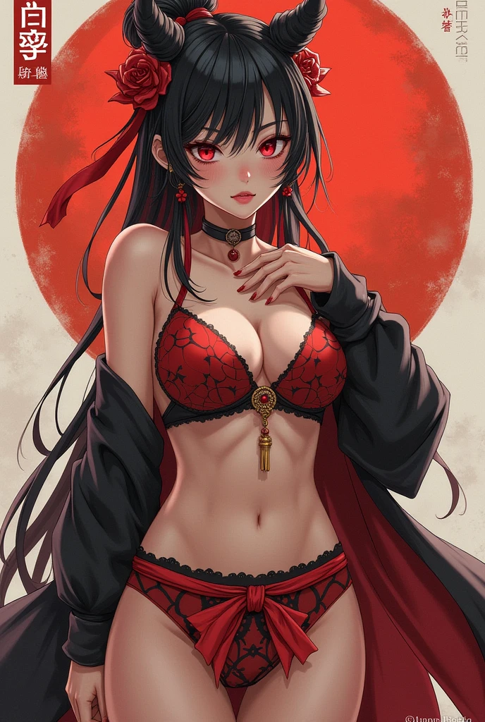 Micotte、ff14、One person, chest, Long Hair, Black Hair、Hair color: red inner color, Red eyes, Golden Eyes, Odd Eye、Anatomically correct, mini skirt、Knee-high socks、kimono、off-the-shoulderhigh-resolution, Anatomically correct, High-resolution model, Textured skin, Cat ear, Anime Style、A little bit of belly button、Simple Background, Highest quality, Simple provocative poses