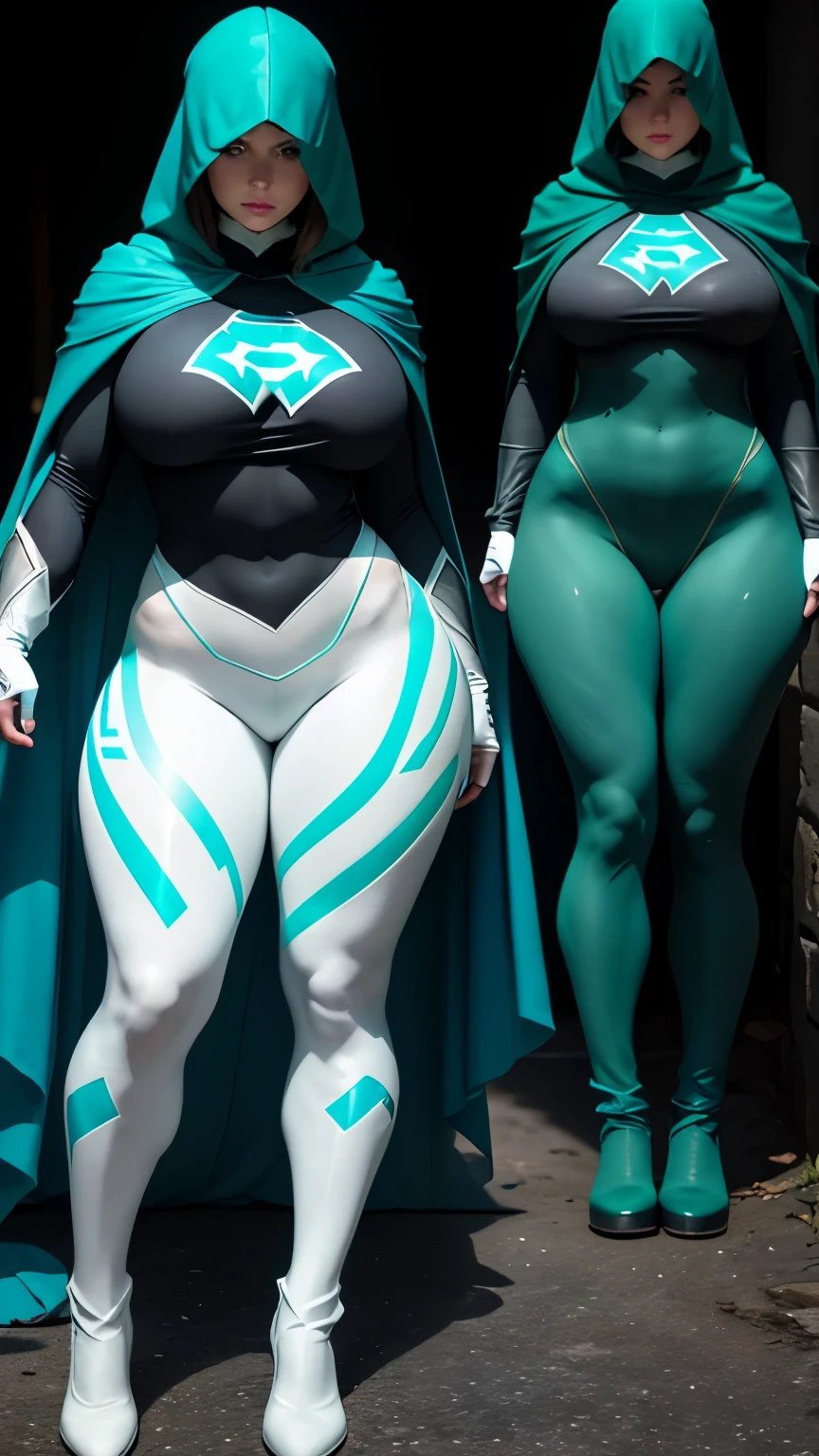 a sexy woman with big breasts, athletic body, thick thighs, wearing a cyan and white superhero uniform, , leggings, green boots, green gloves , detailed facial features, cinematic lighting, 8k, photorealistic, highly detailed using name hooded cape