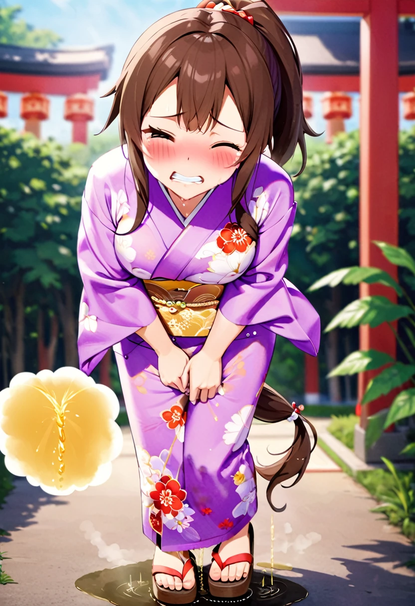 NSFW, (masterpiece, top quality, best quality, highly detailed:1.6), (anatomically correct), (standing:2.9), (leaning forward:2.5), (woman, outdoor, Shrine:2.5), (Lite Colors kimono, Maxi Length, Extremely wet with pee:2.5), (full body), wide shot, long shot, (Peeing while standing:2), (hands between legs:1.5), (Touching crotch with hand, holding crotch, Hold the urethra and hold in your pee:2.5), (rub your knees together:2.2), (close knees,pee running down kimono:2), (((clutching crotch))), strong facial expression, (sharp eye:1.2), (scowl:1.1), (embarrassed:2.9),(blush:2.9),(Breathe heavily:2.9), (steam:2.9), (wet:1.1), (sweat:1.1), (trembling:1.3), (open mouth, wavy mouth:1.5),(clenched teeth:2.3), (Drooling:0.7), (open eyes:2.5), (one eye closed, wink:2.8), (feeling weak:1.5), (bravery crying, sobbing:1.5), (shoot from front:1.2), (very long hair, Extra long hair, Dark brown hair, Low ponytail:1.9),(Sandals:1.7), (woman trembling with sexual climax:2.5), colorful, full body, wide shot, perfect composition, urination, incontinence, piss, peeing, (((pee stream))), (pee puddle), Wetting herself, (Pee stains spread on the kimono), From the kimono dripping pee, large breasts, Yellow pee, ((leaking pee)), puddle of pee, Pee spread on the floor, Pee stains, kimono Wet from pee, want to pee, about to pee, Full bladder, natural makeup, ((Pee-soaked kimono)), natural makeup,Pee dripping from kimono,((kimono with big urine stains)),(Widespread urine stains,kimono covered in urine),
