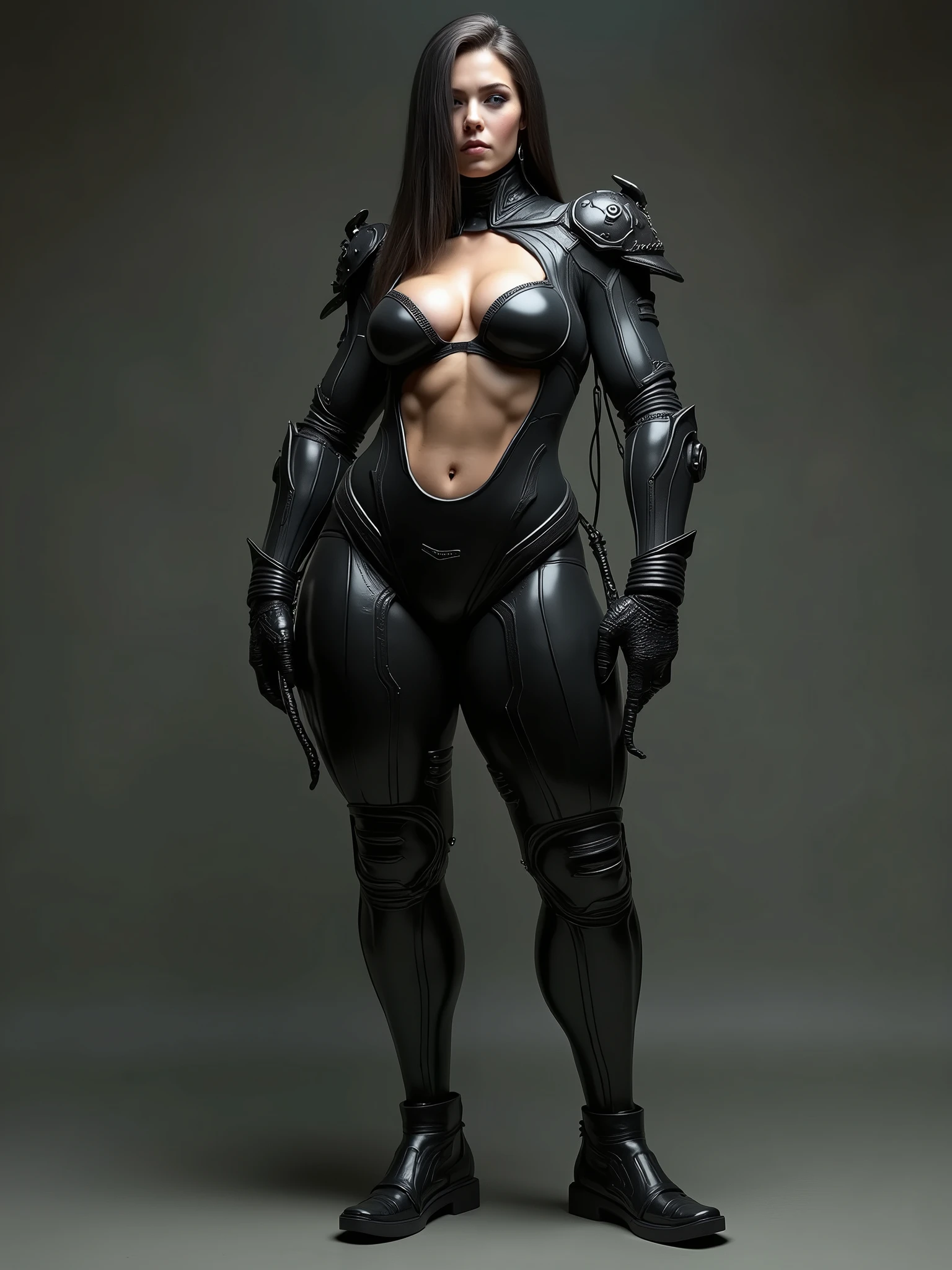 (high resolution, pixel perfect, gorgeous illustrations), (hyper quality, muste piece, etheric: 1.4), ((nsfw)), (((cowboy shot))), ((1girl)), (female savage), woman, bitch, (((sexy pose))), cool atmosphere, black hair, (((((very short hair, slicked_back_hair))))), Exquisite face, ((aroused, vulgarity)), blush, (((((((muscular_female))))))), (thick thighs, wide hips, Big breasts that are about to burst), fighter, (((wh_chi_armor))), (underboob), black bodysuit, see through, erect nipples, (((((cameltoe))))), high heel boots, (((scars on body))), shiny skin, gleaming skin, sweat, simple background,