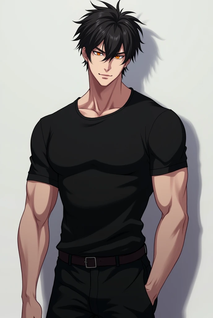 1 , male focus, looking to the down, pale skin tone, yellow eyes, muscular male, muscular, Scrawny, standing, hand on waist, defined abs, trunk, standing alone, Seriously, long hair, stubbles, hair covering right eye, slicked black hair, parted lips, volume in underwear, black naughty underwear, Black boxer briefs, wearing no shirt, white background, simple gray background, whole body, best qualityer, incredible quality, better aesthetics, again 2023, Masterpiece artwork, best qualityer, blush